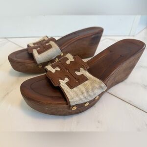Tory Burch Women’s 9.5 Wood Canvas Leather Wedge Slip On Sandals designer luxury